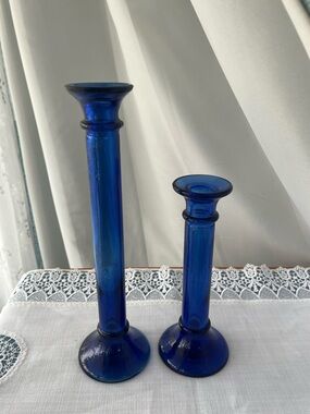 Vintage Spanish Cobalt Blue Recycled Glass Candlesticks - Set of 2